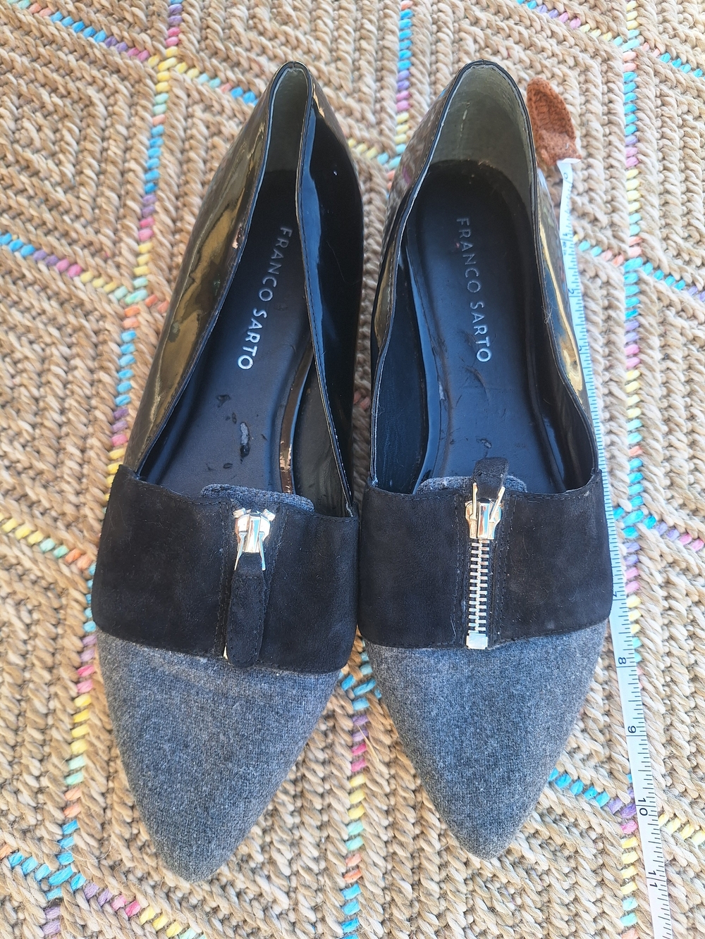 Franco Sarto Black & Gray Pointed Toe Flats with Zipper Detail